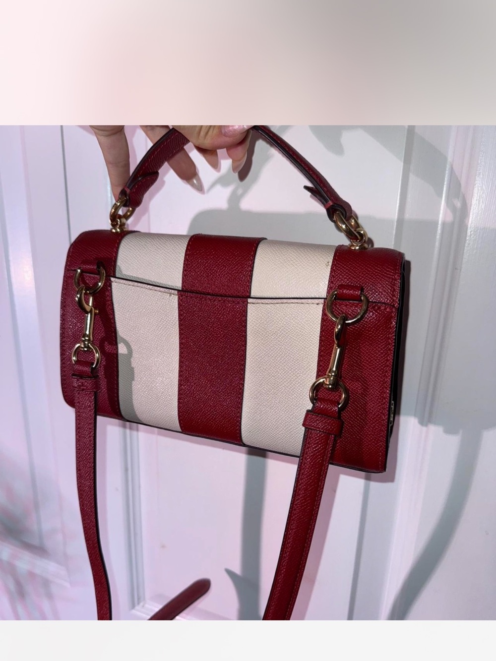 Coach Tilly Satchel 23 Striped Top-Handle Leather Satchel in Red and White - Picture 4 of 8